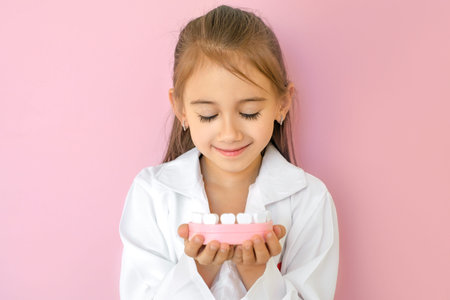 Child in white coat holding dental jaw model, symbol of oral health awareness and pediatric...