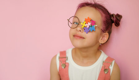 A cute, beautiful girl shows off glasses with a lens decorated with puzzle pieces. Awareness of...