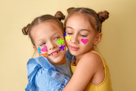 Beautiful, friendly girls with puzzle pieces adorning their cheeks tenderly and lovingly hug each...