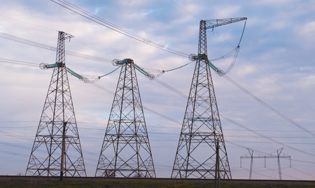 High-voltage wires against the backdrop of cold weather in Ukraine. energy and electricity. The...