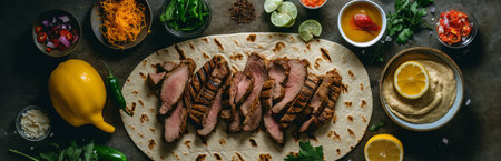 Doner and shawarma product layout, pita stuffing, meat and vegetables, banner with space for text. Concept: Quick bite, fast food dish. Generative AIの素材