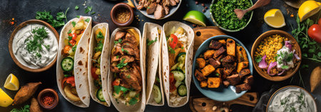 Doner and shawarma product layout, pita stuffing, meat and vegetables, banner with space for text. Concept: Quick bite, fast food dish. Generative AIの素材
