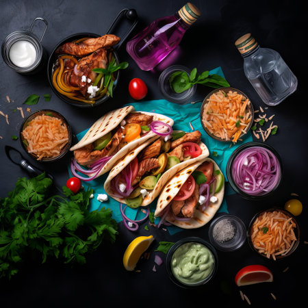 Doner and shawarma product layout, pita stuffing, meat and vegetables, banner with space for text. Concept: Quick bite, fast food dish. Generative AIの素材