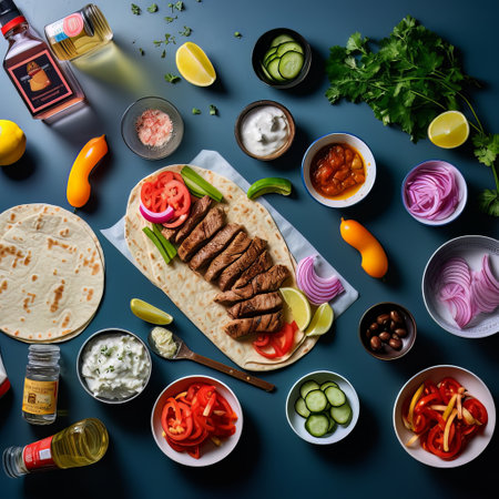 Doner and shawarma product layout, pita stuffing, meat and vegetables, banner with space for text. Concept: Quick bite, fast food dish. Generative AIの素材