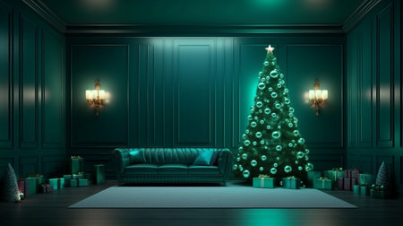 Christmas tree in the room. Decorated festive tree in a minimalistic green interior. Generative AIの素材