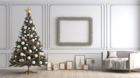 Christmas tree in the room. Decorated festive tree in a minimalist white interior. Generative AIの素材