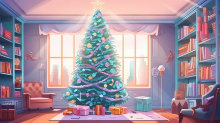Christmas tree in the children's room. Decorated festive tree in a bright interior. Generative AIの素材