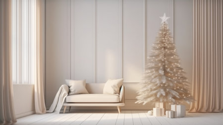 Christmas tree in the room. Decorated festive tree in a minimalist white interior. Generative AIの素材