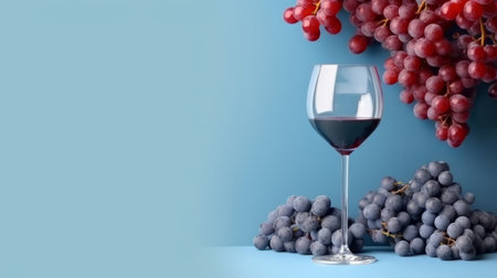 A glass of red wine against the background of bunches of different grapes. Banner with place for text. illustration, generative aiの素材