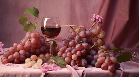 A glass of red wine against the background of bunches of different grapes. Banner with place for text. illustration, generative aiの素材