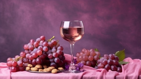 A glass of rose wine against the background of bunches of different grapes. Banner with place for text. illustration, generative aiの素材