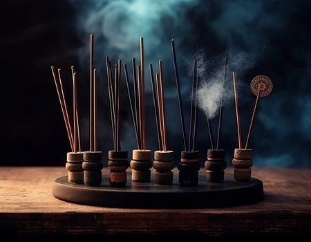 Various incense sticks on a stand burn with smoke, aroma in the house, decoration and aromatization of the room. Generative AIの素材