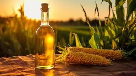 Vegetable corn oil. Pumpkins with grains and fields background, vegetarian dressing for salads and cooking. health food. Generative AIの素材