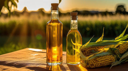 Vegetable corn oil. Pumpkins with grains and fields background, vegetarian dressing for salads and cooking. health food. Generative AIの素材