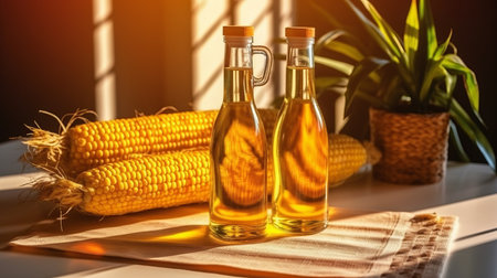 Vegetable corn oil. Pumpkins with grains and fields background, vegetarian dressing for salads and cooking. health food. Generative AIの素材