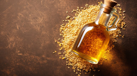 Sesame vegetable oil with grains and fields background, vegetarian dressing for salads and cooking. health food. Generative AIの素材