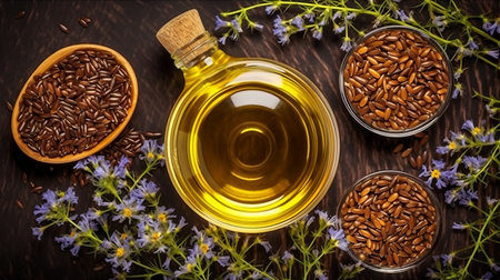 linseed vegetable oil with flax seeds and flowers, vegetarian dressing for salads and cooking and frying. health food. Generative AIの素材