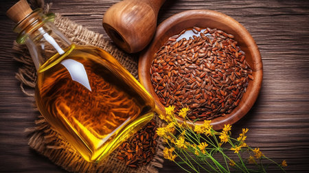 linseed vegetable oil with flax seeds and flowers, vegetarian dressing for salads and cooking and frying. health food. Generative AIの素材