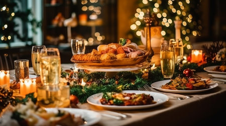 Christmas Dinner table full of dishes with food and snacks, New Year's decor with a Christmas tree on the background. Generative AIの素材