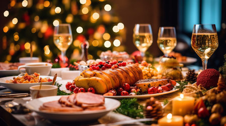 Christmas Dinner table full of dishes with food and snacks, New Year's decor with a Christmas tree on the background. Generative AIの素材