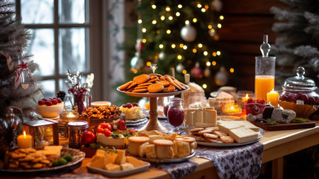 Christmas Dinner table full of dishes with food and snacks, New Year's decor with a Christmas tree on the background. Generative AIの素材