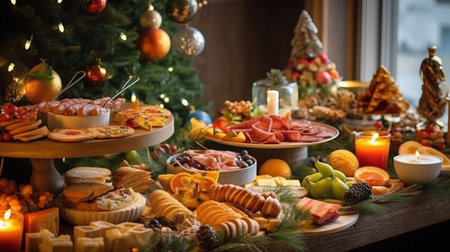 Christmas Dinner table full of dishes with food and snacks, New Year's decor with a Christmas tree on the background. Generative AIの素材