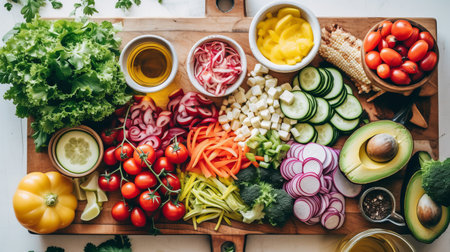 Vegetables and greens laid out for salad, vegetarian food preparation. low-calorie diet menu, vitamins from products Generative AIの素材