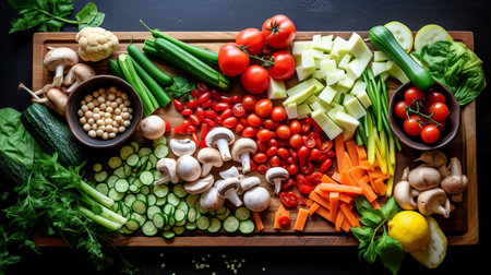 Vegetables and greens laid out for salad, vegetarian food preparation. low-calorie diet menu, vitamins from products Generative AIの素材