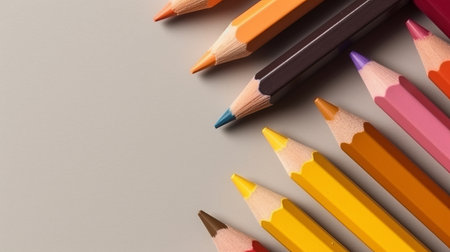 Multicolored pencils, drawing tools and hobbies. Solid color background, generative AIの素材