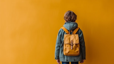 A child with a school backpack walks on the way to school. Backpack for a teenager. solid yellow background. Place for text. generative AIの素材