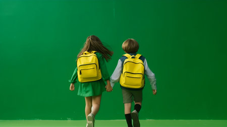 Children go with school backpacks and hold hands. Backpack for a teenager. Solid green chromakey background. Place for text. generative AIの素材