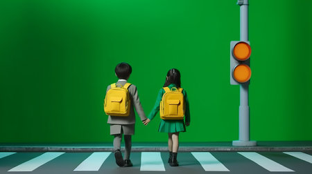 Children go with school backpacks and hold hands. Backpack for a teenager. Solid green chromakey background. Place for text. generative AIの素材