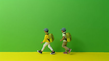 Children go with school backpacks and hold hands. Backpack for a teenager. Solid green chromakey background. Place for text. generative AIの素材