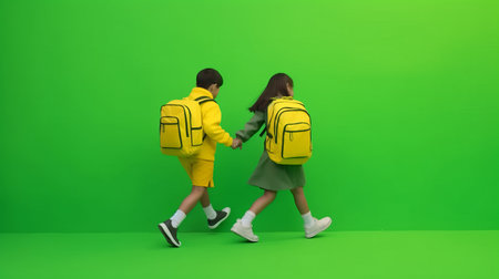 Children go with school backpacks and hold hands. Backpack for a teenager. Solid green chromakey background. Place for text. generative AIの素材