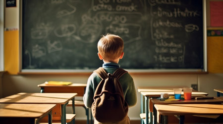 Pupil schoolboy near the blackboard answers, studying in a school class, background with a place for text, horizontal image, generative AIの素材
