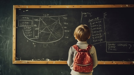 Pupil schoolboy near the blackboard answers, studying in a school class, background with a place for text, horizontal image, generative AIの素材