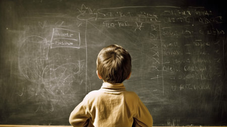Pupil schoolboy near the blackboard answers, studying in a school class, background with a place for text, horizontal image, generative AIの素材
