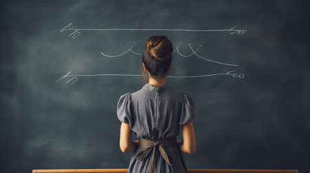 School teacher and lecturer near chalkboard blackboard, background with place for text, horizontal image, generative AIの素材