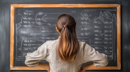 School teacher and lecturer near chalkboard blackboard, background with place for text, horizontal image, generative AIの素材