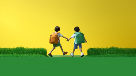Children go hand in hand with school backpacks and a knapsack. Walk to school along the path. Horizontal, Place for text. generative AIの素材