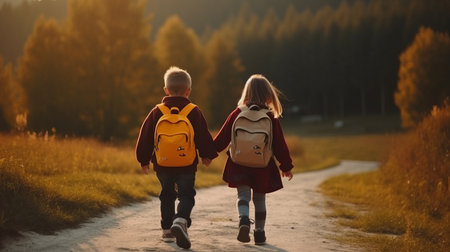 Children go hand in hand with school backpacks and a knapsack. Walk to school along the path. Horizontal, Place for text. generative AIの素材