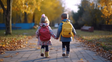 Children go hand in hand with school backpacks and a knapsack. Walk to school along the path. Horizontal, Place for text. generative AIの素材