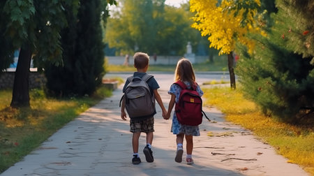 Children go hand in hand with school backpacks and a knapsack. Walk to school along the path. Horizontal, Place for text. generative AIの素材