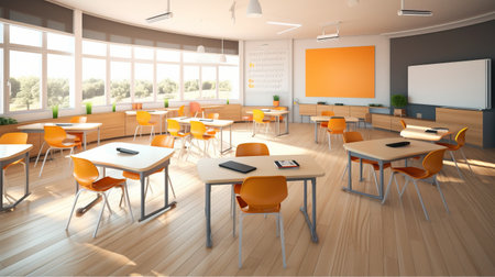 Classroom in the learning building. Bright space in the interior for the school. generative AIの素材