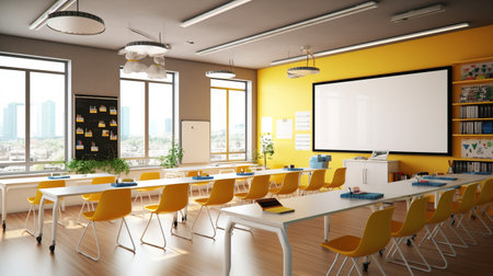 Classroom in the learning building. Bright space in the interior for the school. generative AIの素材