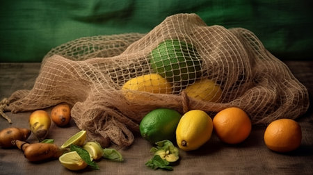 wicker string bag for fruits and vegetables. Ecological bag, eco food packaging made from recyclable materials. The concept of caring for nature. generative AIの素材