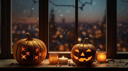 Halloween pumpkin with an evil carved muzzle in a festive interior, Witch's Night or All Saints' Eve. Vegetable jack lantern decoration. Hand crafted from food, carving.の素材