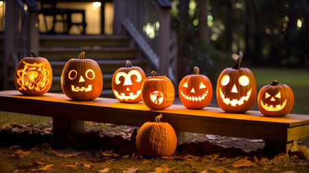 Halloween pumpkin with an evil carved muzzle in a festive interior, Witch's Night or All Saints' Eve. Vegetable jack lantern decoration. Hand crafted from food, carving.の素材