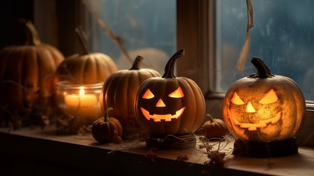 Halloween pumpkin with an evil carved muzzle in a festive interior, Witch's Night or All Saints' Eve. Vegetable jack lantern decoration. Hand crafted from food, carving.の素材