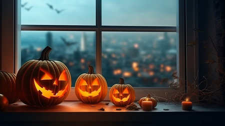 Halloween pumpkin with an evil carved muzzle in a festive interior, Witch's Night or All Saints' Eve. Vegetable jack lantern decoration. Hand crafted from food, carving.の素材